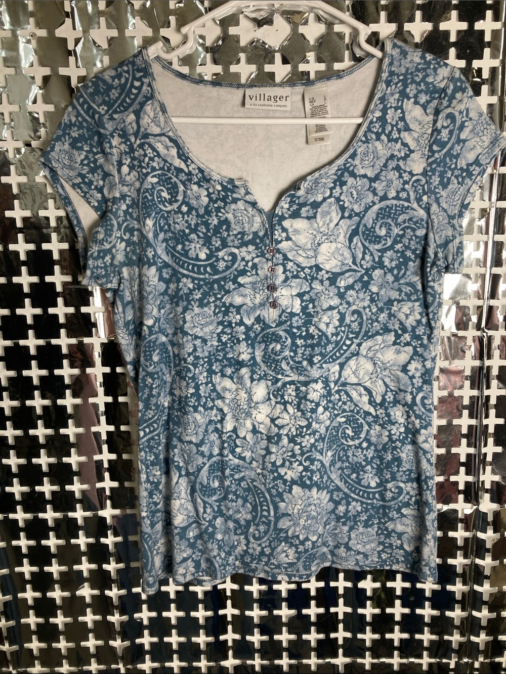 Villager Blue Floral Scoop-Neck Short Sleeve Top